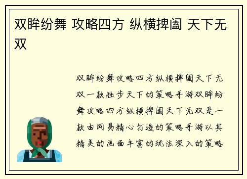 双眸纷舞 攻略四方 纵横捭阖 天下无双