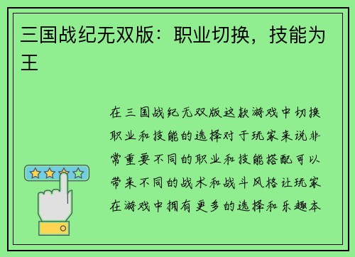 三国战纪无双版：职业切换，技能为王